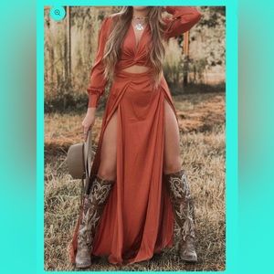 Vintage V-neck Slit Long Sleeve Maxi Dress